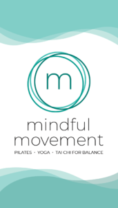 Front side of Mindful Movement business card with teal waves