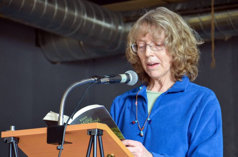 Poet Twyla Hansen reading at a Writers Resist event in 2017