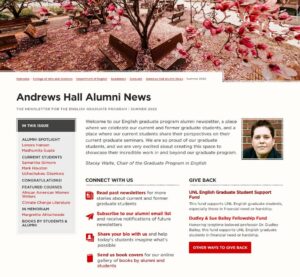 Alumni Newsletter header with photo of benches and magnolia trees