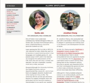 Alumni newsletter Spotlight section with photos of Sunita Jain and Jonathan Cheng