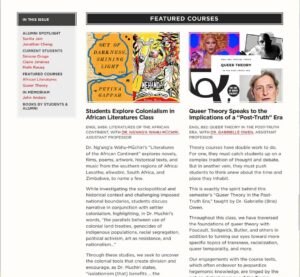 Alumni newsletter featured section with graphics for African Literature course and Queer Theory course