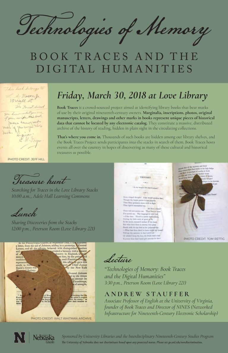 Poster with scans of book pages and pressed leaves for Book Traces library event