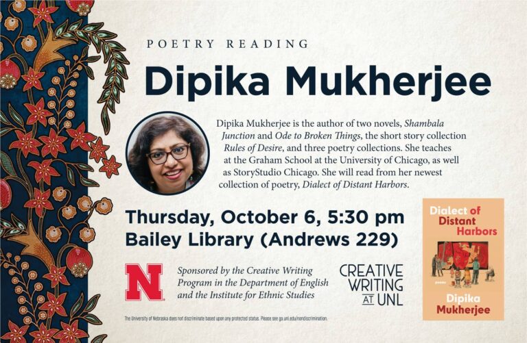 Poster for Dipika Mukherjee reading at the University of Nebraska-Lincoln