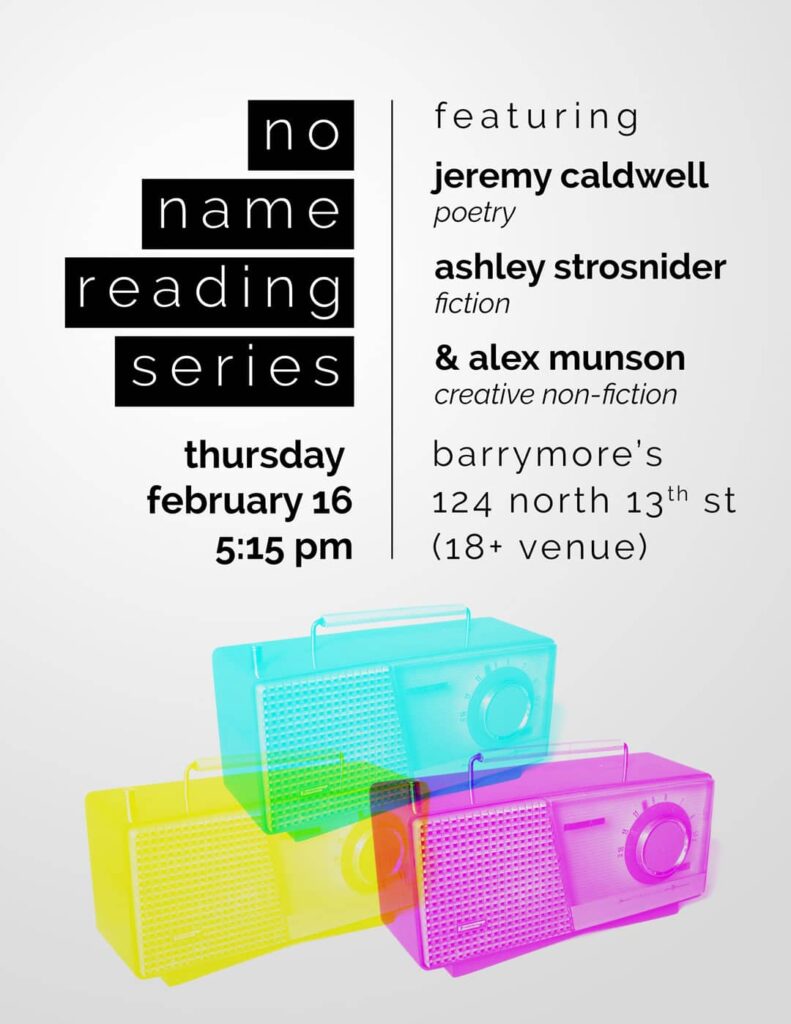 No Name Reading Series poster with mid-century radios