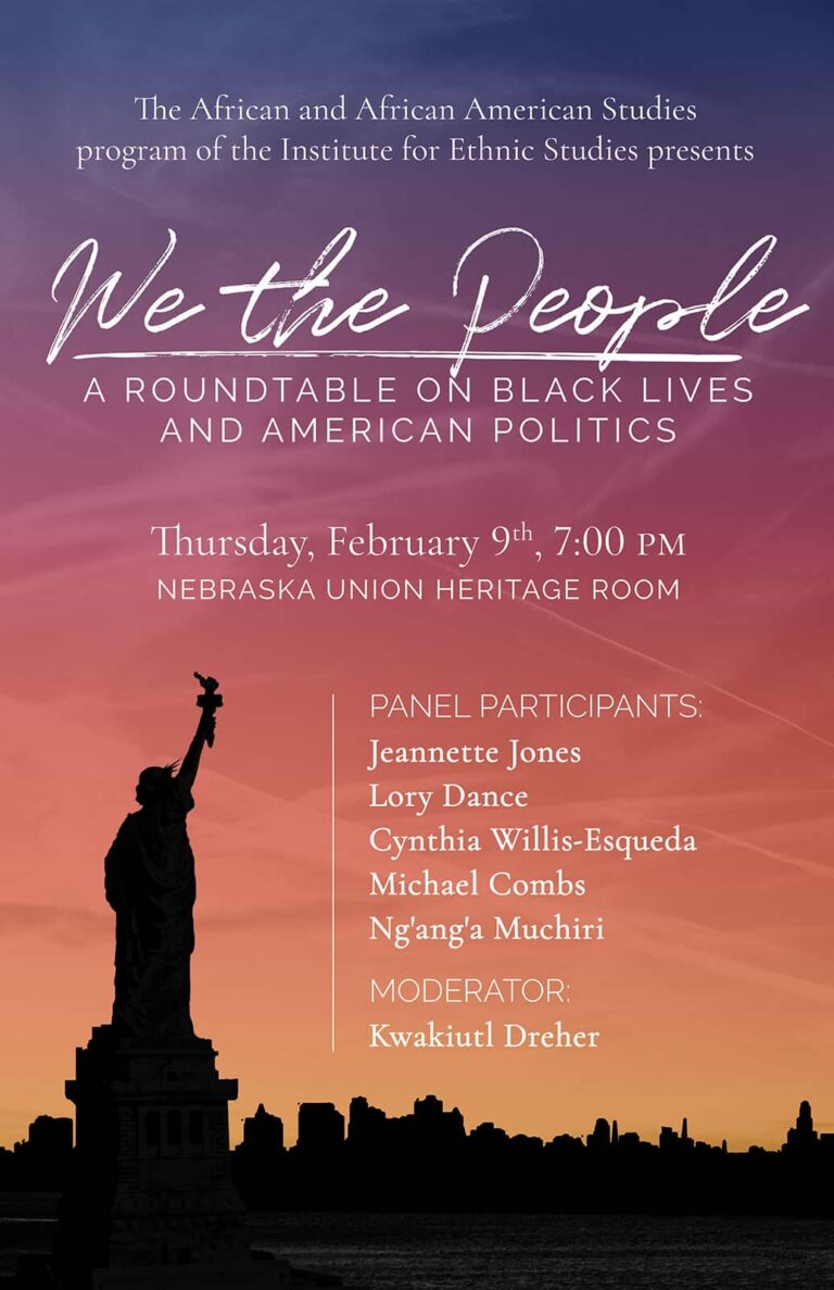 Poster with a silhouette of the Statue of Liberty for We the People panel event