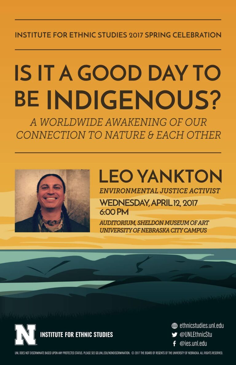 Poster featuring vector illustration of Lake Oahe for Leo Yankton's lecture at the University of Nebraska-Lincoln