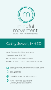 Front side of Mindful Movement business cards with contact information