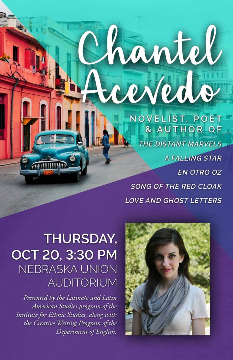 Poster with photo of Cuban street for Chantel Acevedo reading