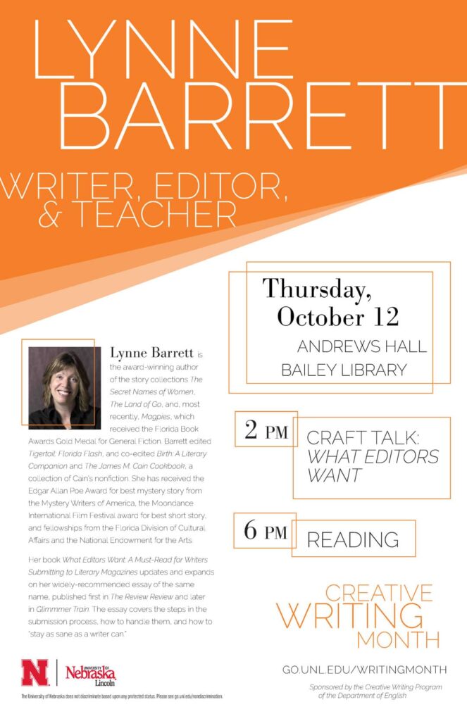 Poster for Lynne Barrett lecture at the University of Nebraska-Lincoln
