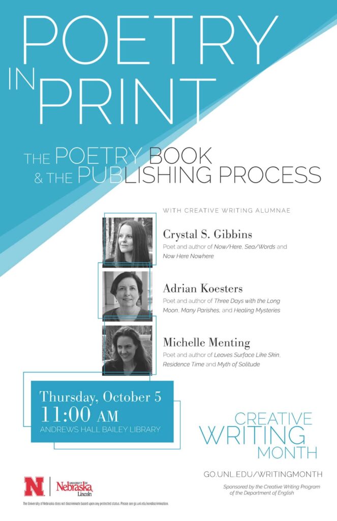 Poster for poetry reading at the University of Nebraska-Lincoln featuring Crystal S Gibbons, Adrian Koesters, and Michelle Menting