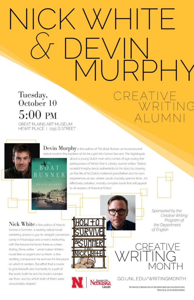 Poster for Nick White and Devin Murphy reading at the University of Nebraska-Lincoln