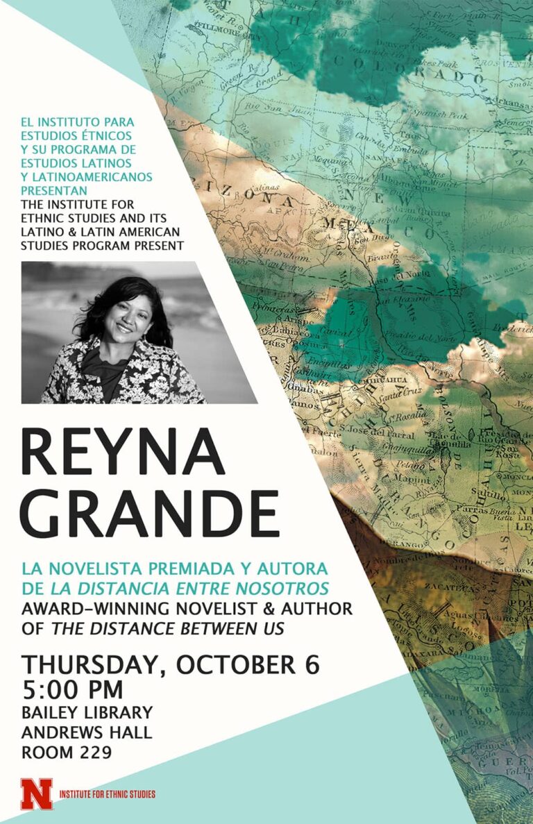 Poster in English and Spanish with blended map and photo of Mexico for Reyna Grande reading