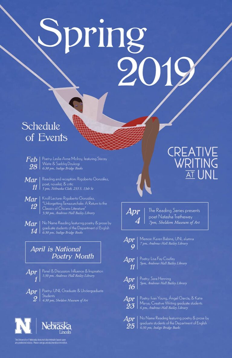 Schedule of events poster with an 1920s-style illustration of a woman in a hammock