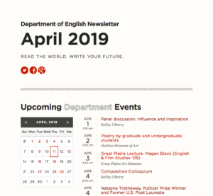 Department newsletter header and events calendar section