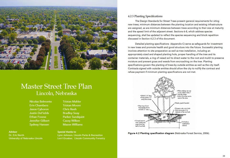 Cover of Street Tree Master Plan with aerial photo of Lincoln, and page with tree planting diagram